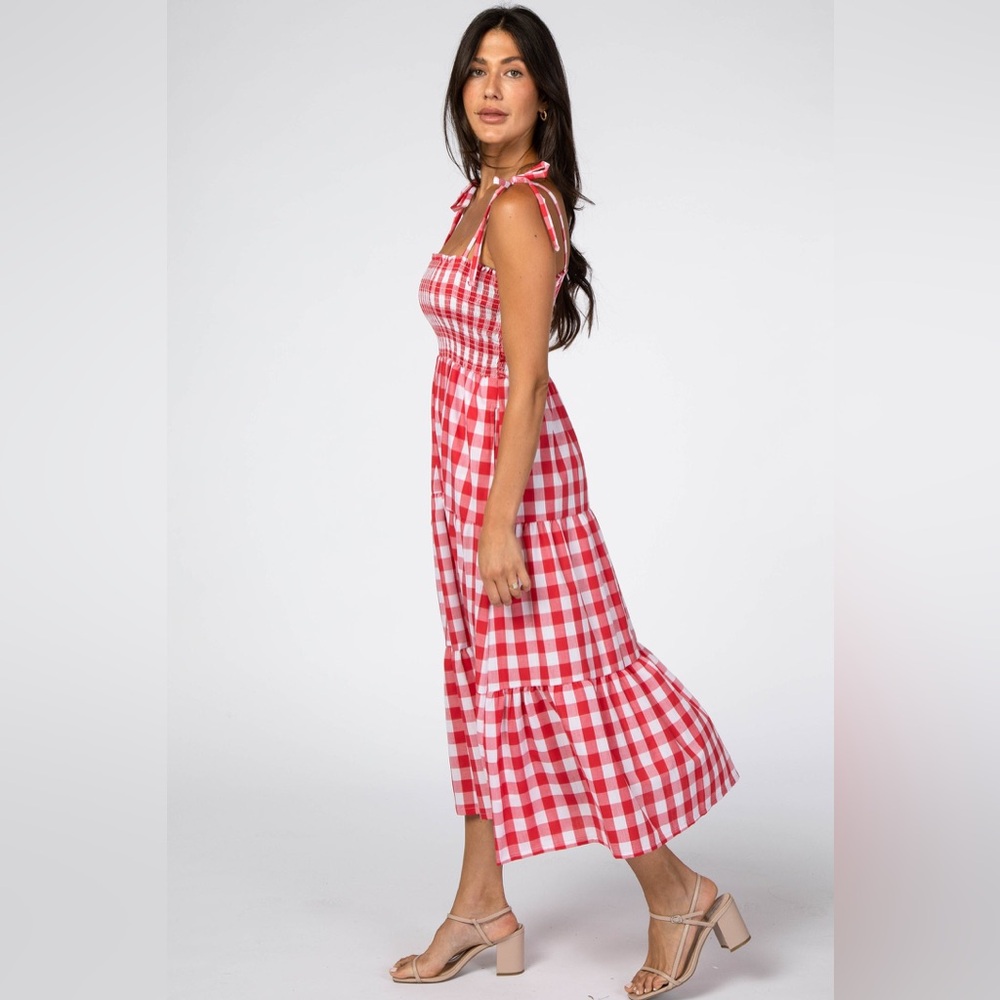 Pink blush Red Gingham Shoulder Tie Tiered Dress size small white and red